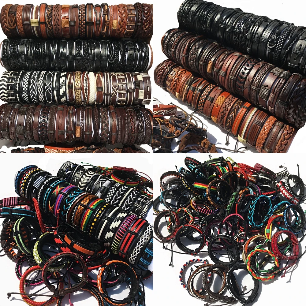 100pcs/lot Fashion Wholesale Leather Bracelets Men's Women's Mix Styles Random Bulk Braided Couple Bracelets Jewelry Gift MX14