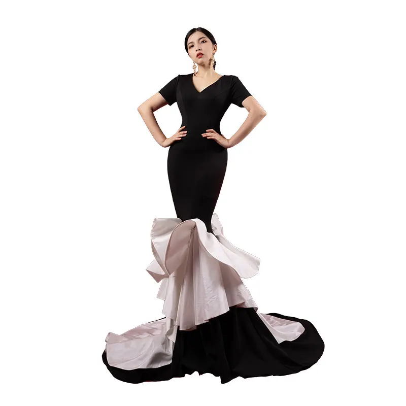 

Bai Sha Black curved Dress New V-neck Big Tail Prom Banquet for host runway show Contrasting colors gown Long Evening Dress H888