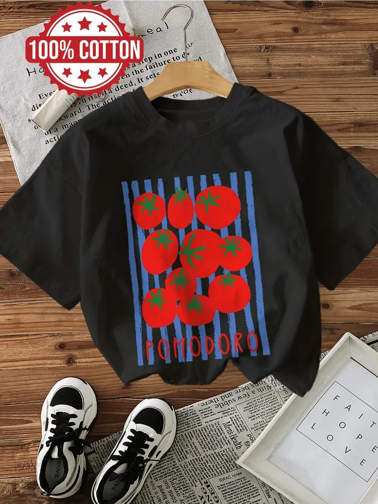 Comfortable and fresh style tomato stripe print summer casual round neck cotton fashionable T-shirt top