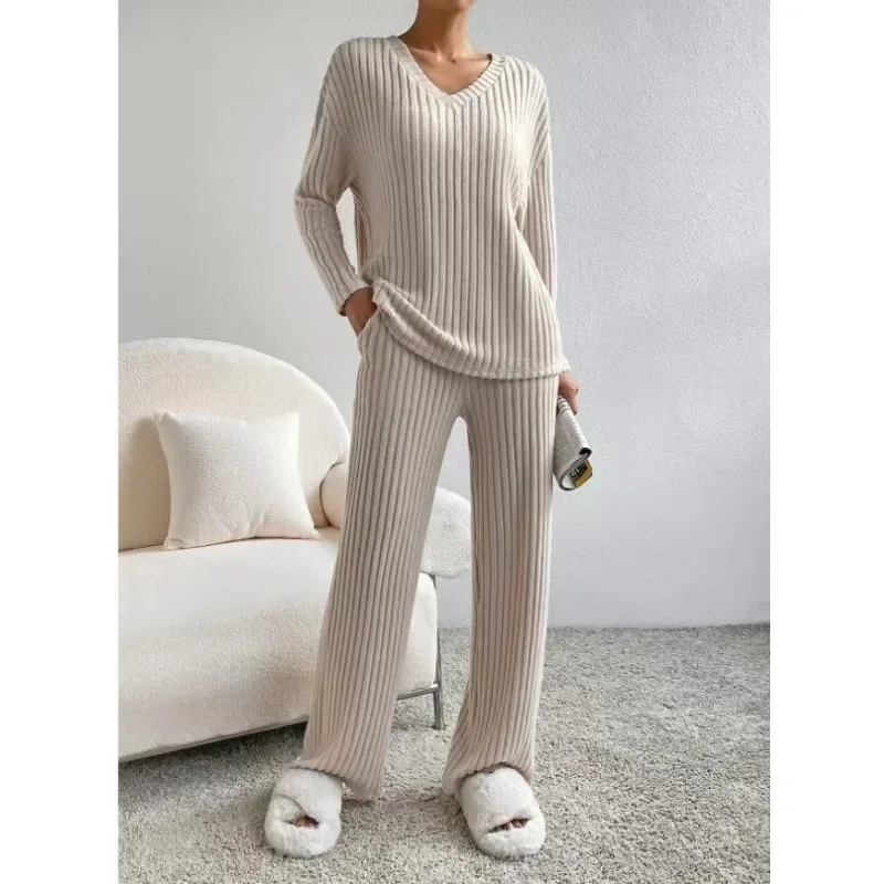 Spring 2024 Autumn New Loose Two-Piece Suit Women Long Sleeve V-neck Pullover Top Mid Waist Pocket Straight Wide Leg Pants Suit