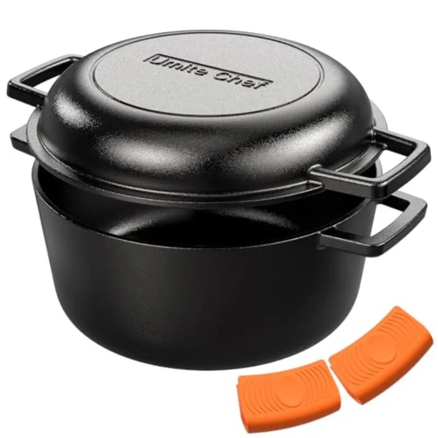 

Cast Iron Dutch Oven Pot with Skillet Lid Pre-Seasoned Skillet Lid Cooking Pan PFAS-Free Cast Iron Skillet Cookware for Bread,