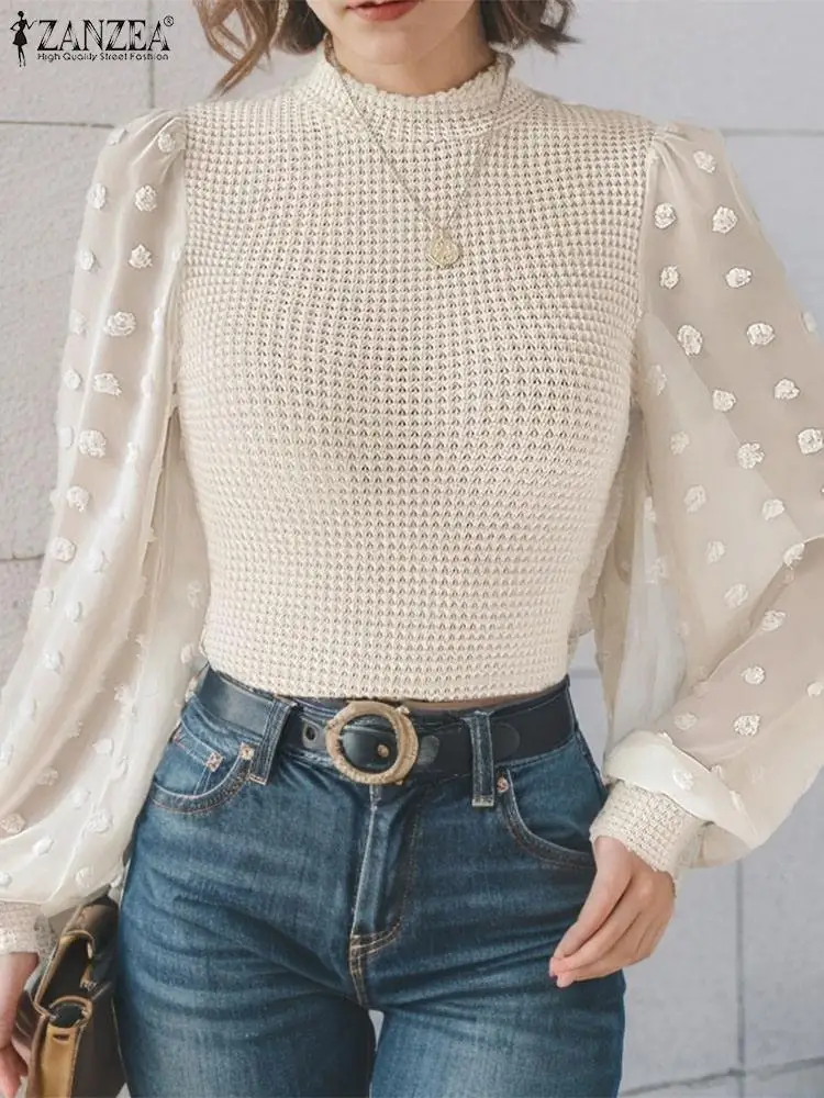 ZANZEA Women Fashion Swiss Dots Lantern Sleeve Blouses Autumn 2024 Casual Loose Knitted Blusas Mujer Elegant O Neck T-shirt Tops