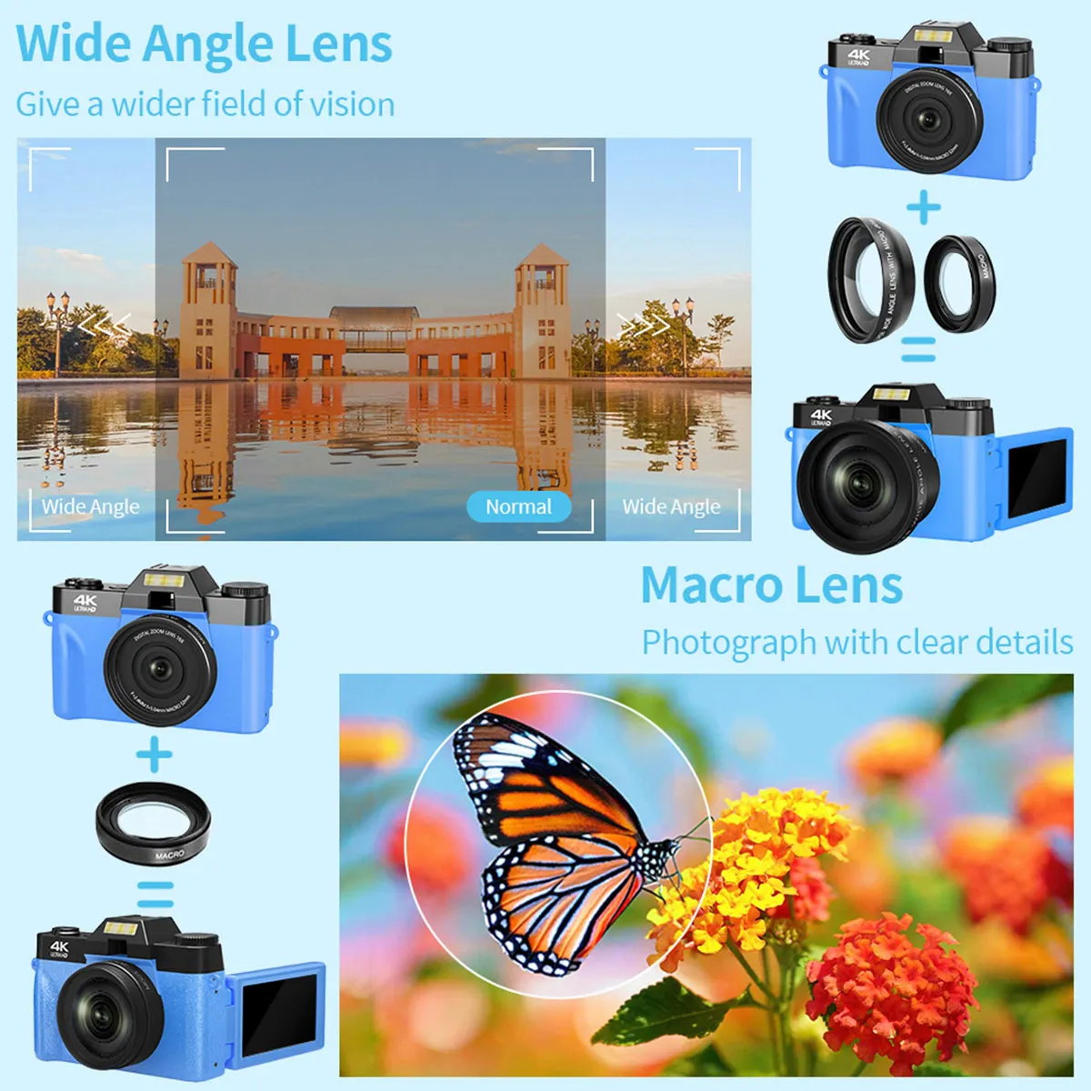 Câmera Digital 4K para Fotografia e Vídeo Autofoco Anti-Shake 56MP Câmera Compacta Vlogging 3'' 180 °   Tela dobrável com flash