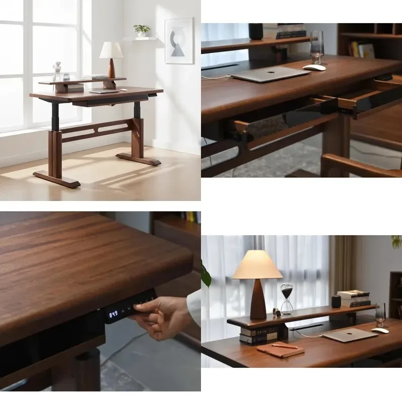 Modern Solid Wood Adjustable Retractable Study Table with Storage Space for Home Office Computer Desk