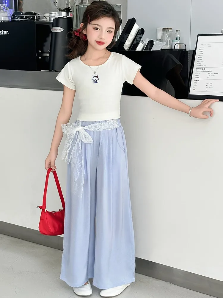 

Girls Summer ort Sve Set Thin Wide Leg Pants Two Piece Suite Cotton T-irt Kids Faionable Clothing for Young Girls