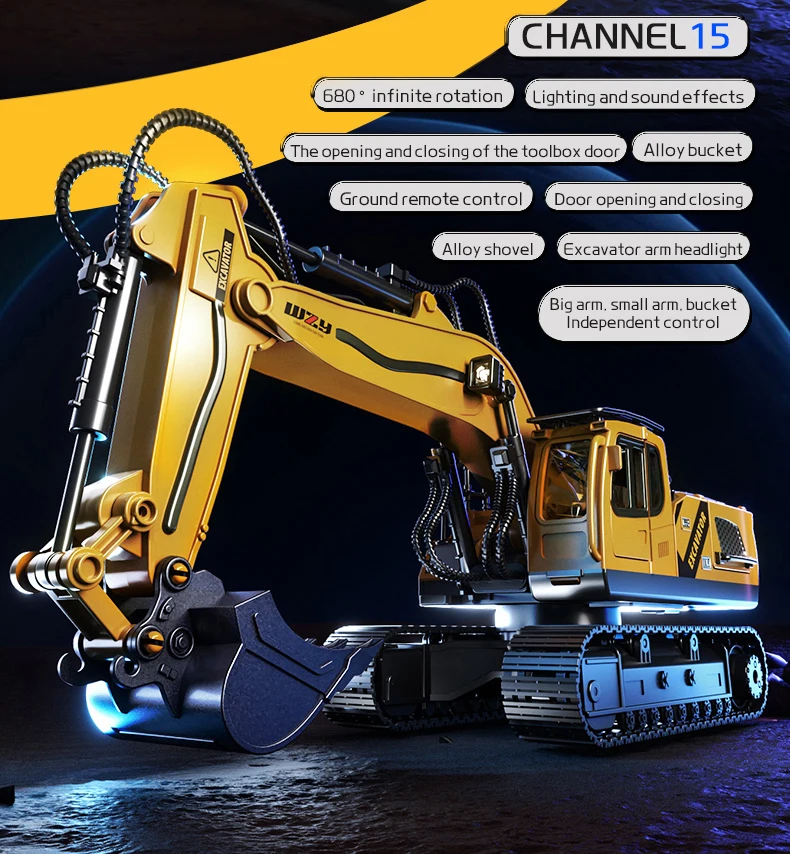 12/13/15CH 2.4G Alloy RC Excavator Simulation Engineering Truck Remote Control Excavator Lights Music Children's Model Toy Gifts