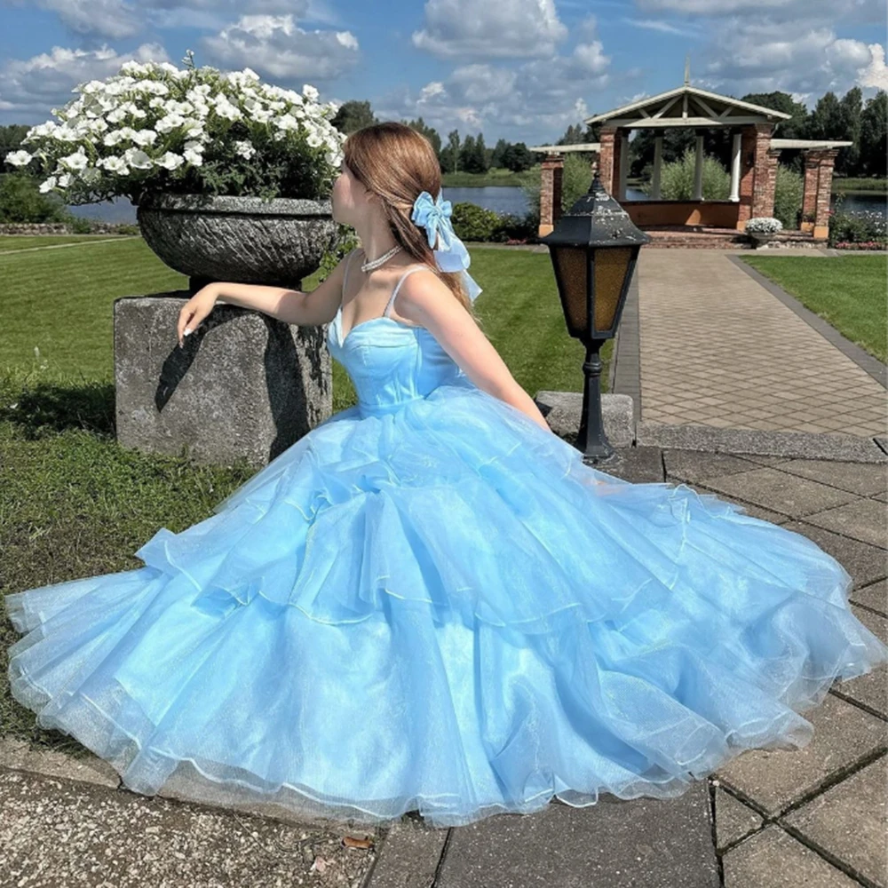 

Customized Baby Blue Tiered A-line Tulle Evening Dresses SweetHeart Sleeveless Spaghetti Floor Length Pageant Prom Gowns