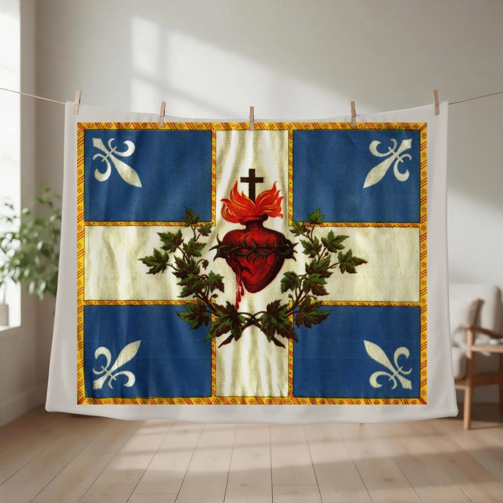 Quebec flag drapeau Québec Patriote Carillon Sacré-C?ur Christian Catholic old vintage edition with fleurs de lys Throw Blanket