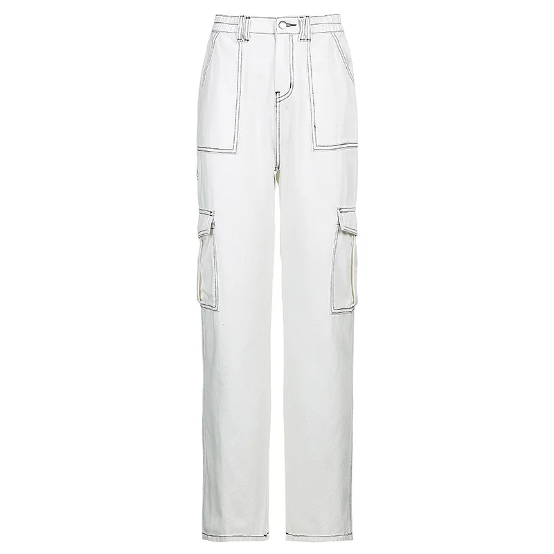 Casual Pocket Decor Straight Jeans Women Trendy Hip Hop Style High Waust Relaxed Fit Wide Leg Denim Trousers 2021 New Streetwear