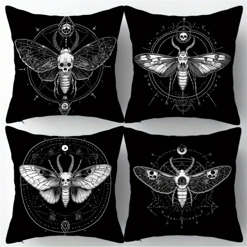 4pcs Skull & Moth Pillow Covers,Retro Style, Modern Decor Cushions for Sofa, Living Room & Outdoor Use, Multiple Sizes Available