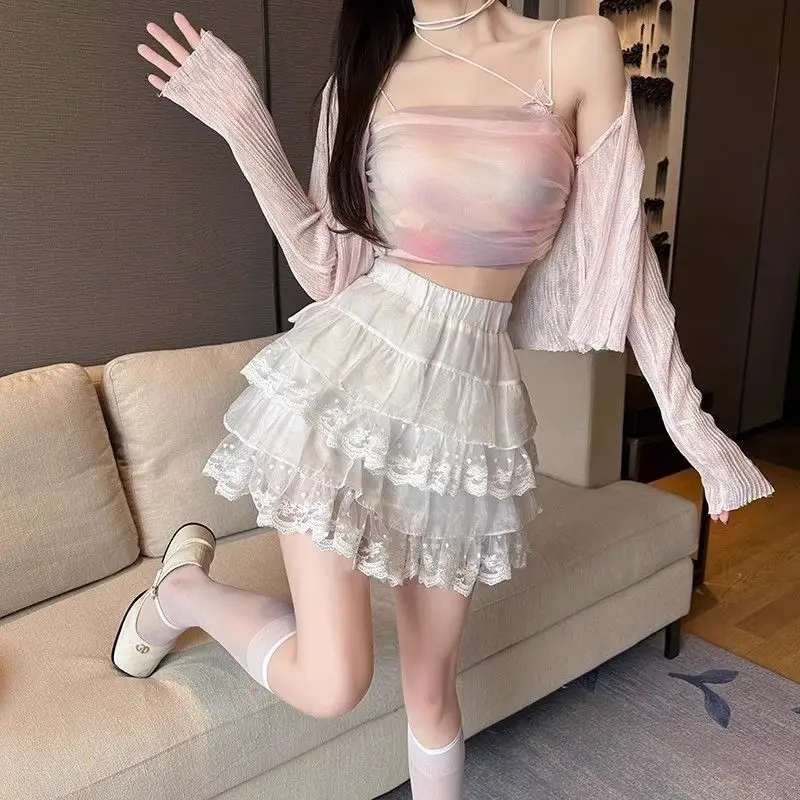 White / Black Mini Skirt Summer Fairycore Lace Layered Skirt Shorts Kawaii Korean Japanese Fashion Women Clothing Miniskirt 2024