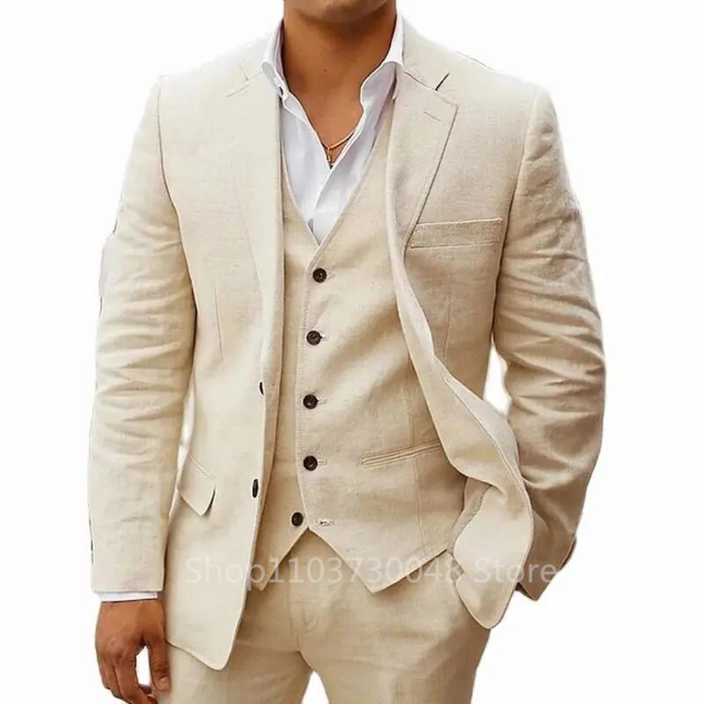 Light Blue/Beige Linen Notch Lapel Slim Fit Summer Men Suits 3 Piece Groom Tuxedos Blazer Pants Sets Wedding Prom Costume Homme