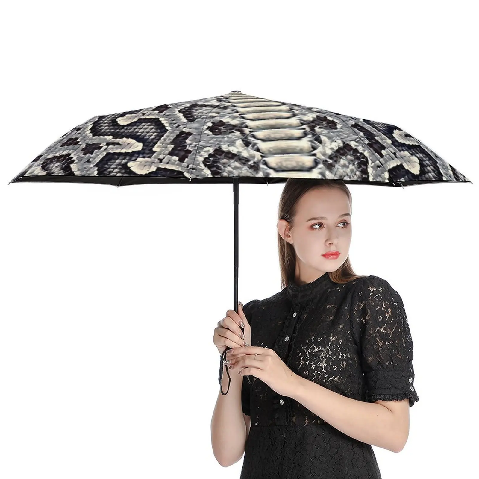 Grey Snakeskin Umbrella Animal Print Stylish Folding Umbrella Painting Rain Waterproof Automatic Umbrella