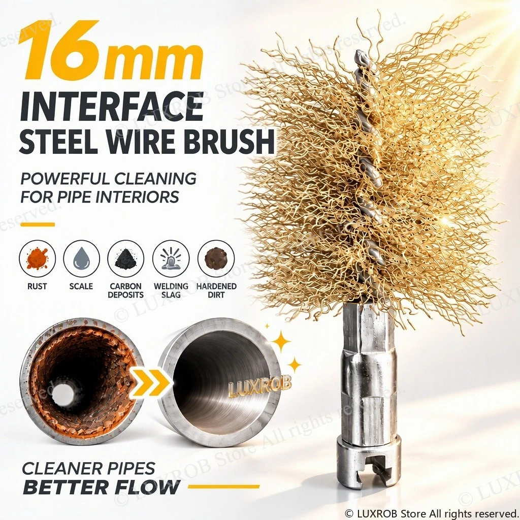 16mm Pipe Steel Wire Brush 65mm Cleaning Diameter, Heavy Duty Rust & Scale Remover for Steel Cast Iron Pipe Interior Cleaning