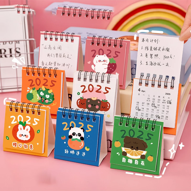 

2025 Mini Cartoon Desk Calendar Cute Fruit Animals Portable Pocket Calendar Manage Time Schedule Desktop Decoration