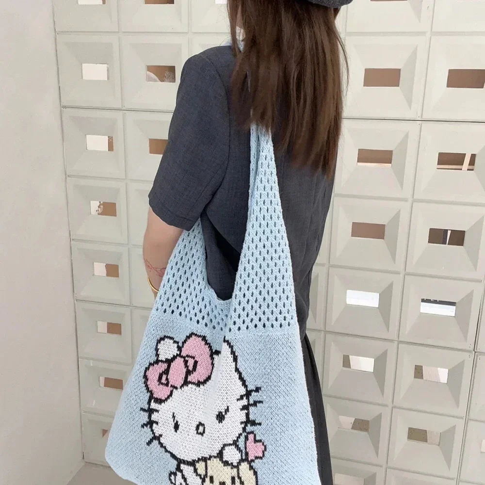 2024  Hello Kitty Knitted Shoulder Bag Anime Kawaii Black Pink Underarm Bag Cute Cartoon Embroidered Mesh Bag for Girls