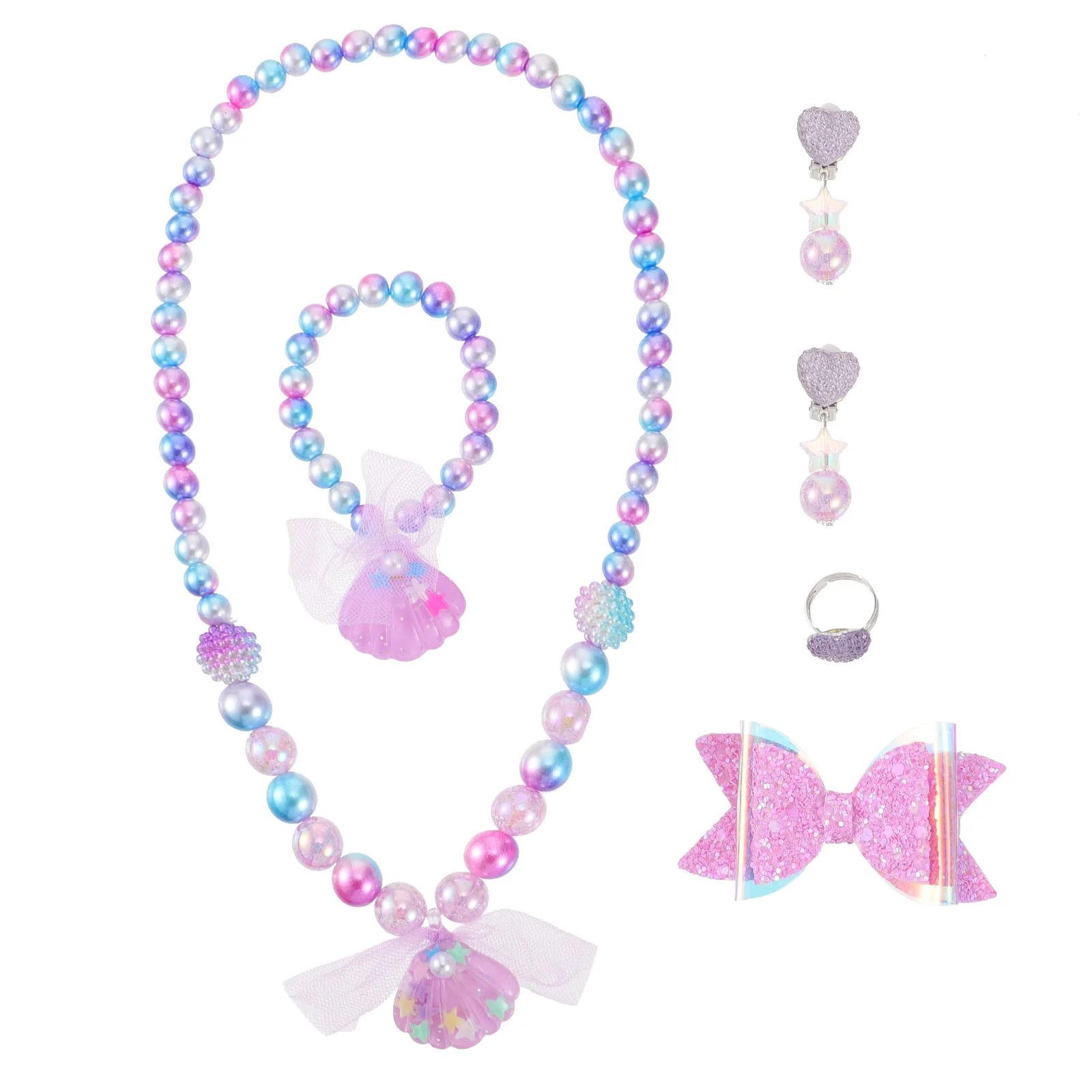 

6 Pcs/ Children's Jewelry Set Toddler Beaded Necklace Kids Jewlery Fish Shell Rings Necklaces Jewelries Finger