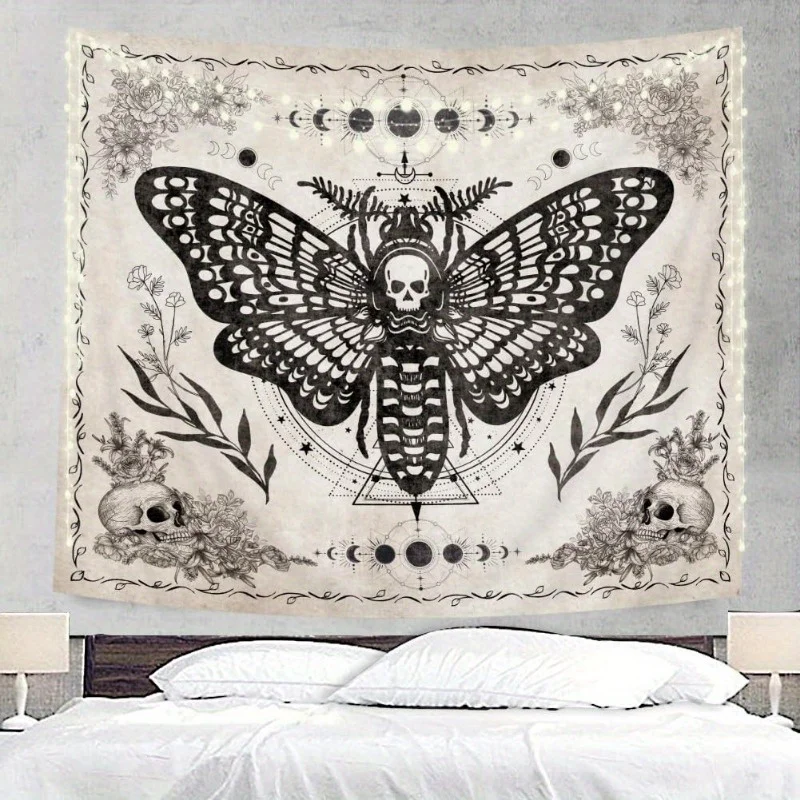 Gothic Moth Halloween Wandteppich Totenkopf Blumenmuster Polyester Vintage Witchy Design Wanddekoration Schlafzimmer Wohnzimmer Kunst Geschenk