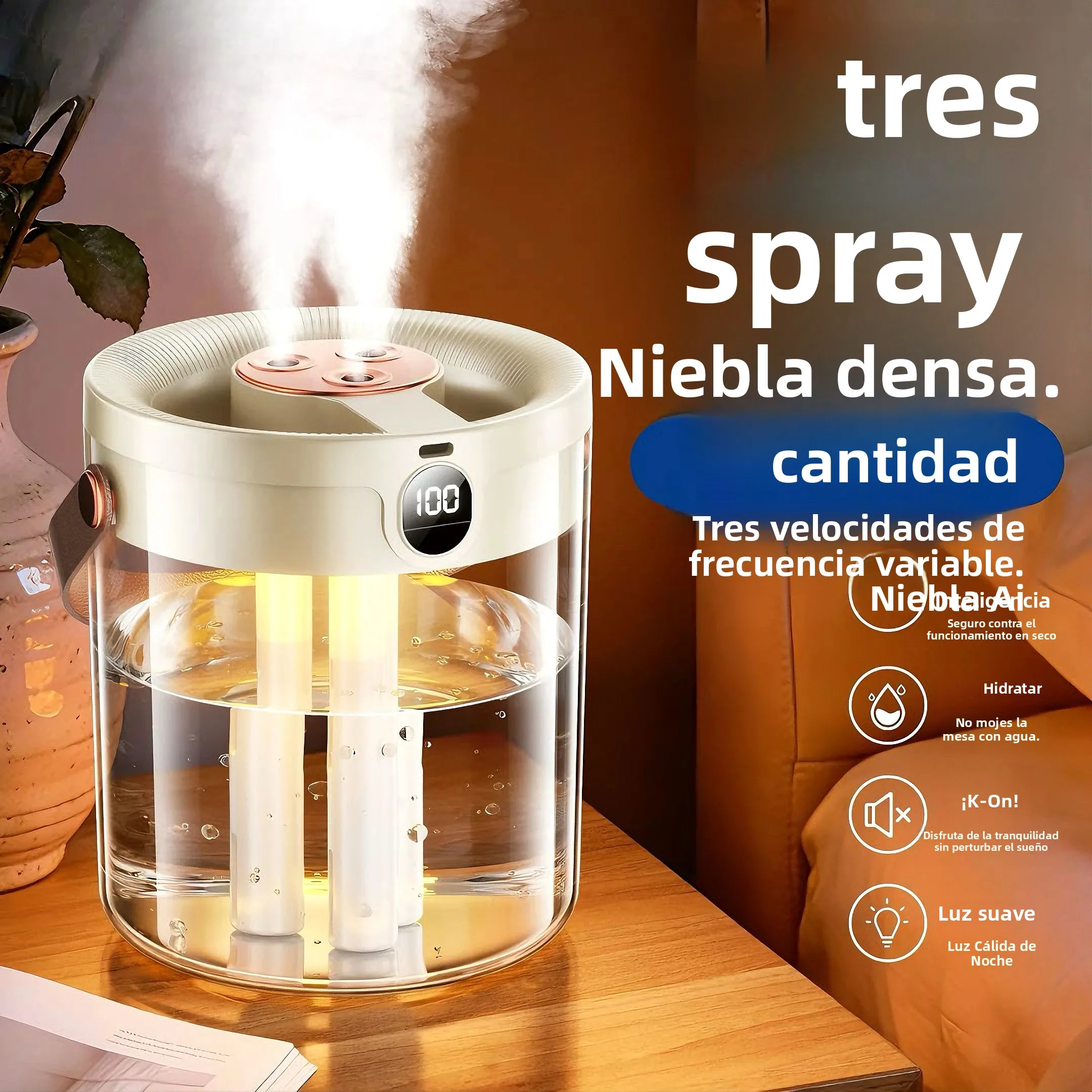 Humidificador Recargable de 3 Pulverizadores, Gran Capacidad, Silencioso, con Luz Nocturna, Portátil para Hogar, Oficina, Dormitorio, Escritorio