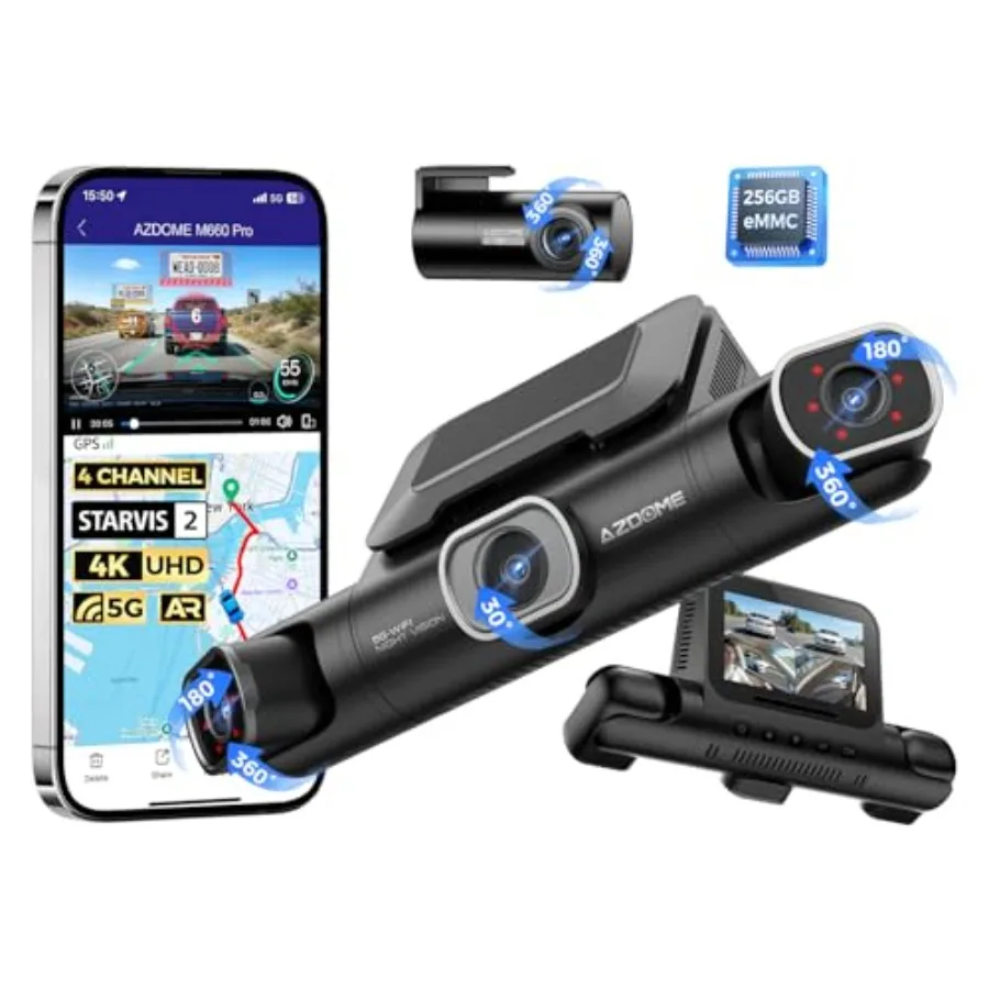 

4 Channel Dash Cam for Car Use, eMMC 256GB Built-in, Black, STARVIS 2 Sensors with 360 Full Coverage, 2K+1080P×3 Resolution, HD