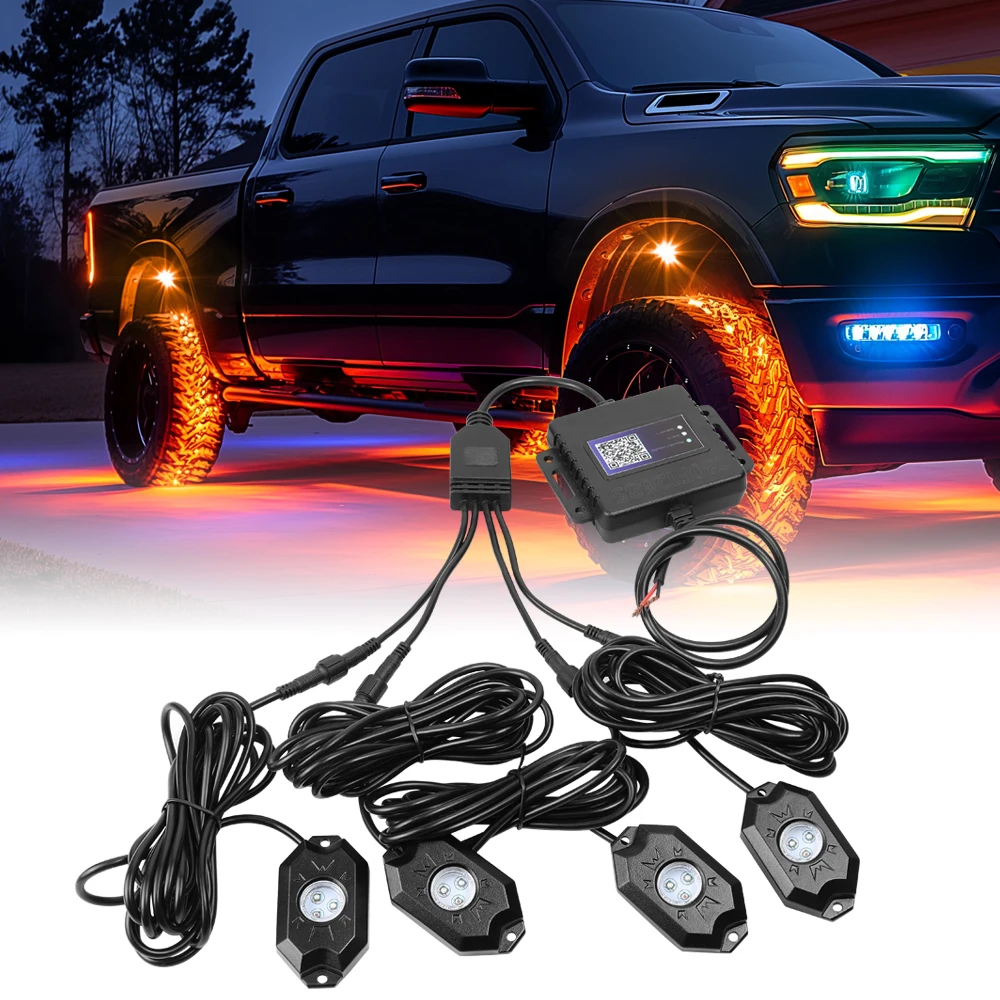 

4 Pod RGB LED Rock Lights Offroad Music Wireless Bluetooth Underglow Neon Lights For Polaris RZR PRO XP 4 Premium Ride Command