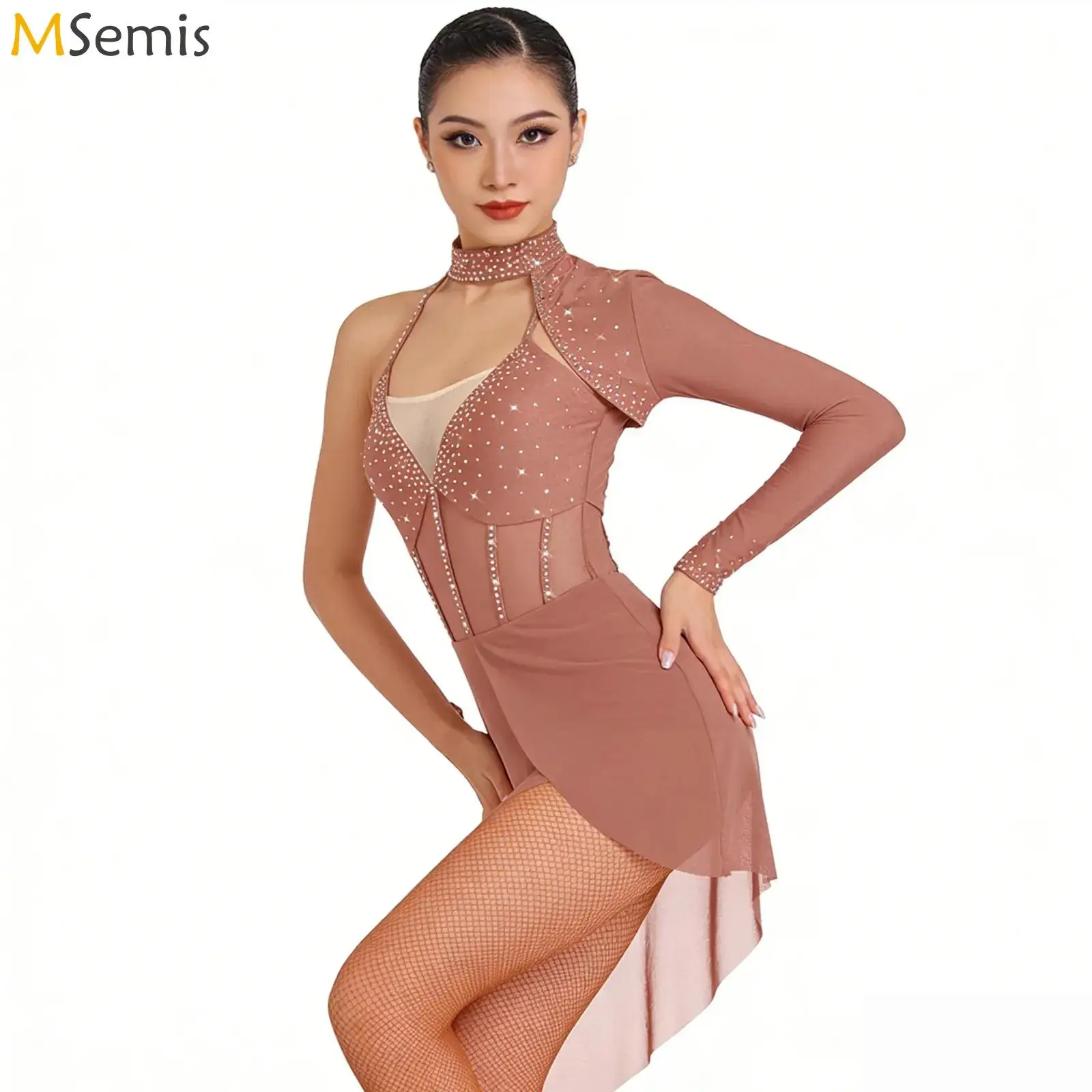 

Womens Rhinestones Ballet Lyrical Dance Performance Bodysuit Dress Asymmetric Mesh Halter Backless Irregular Mesh Hem Dress