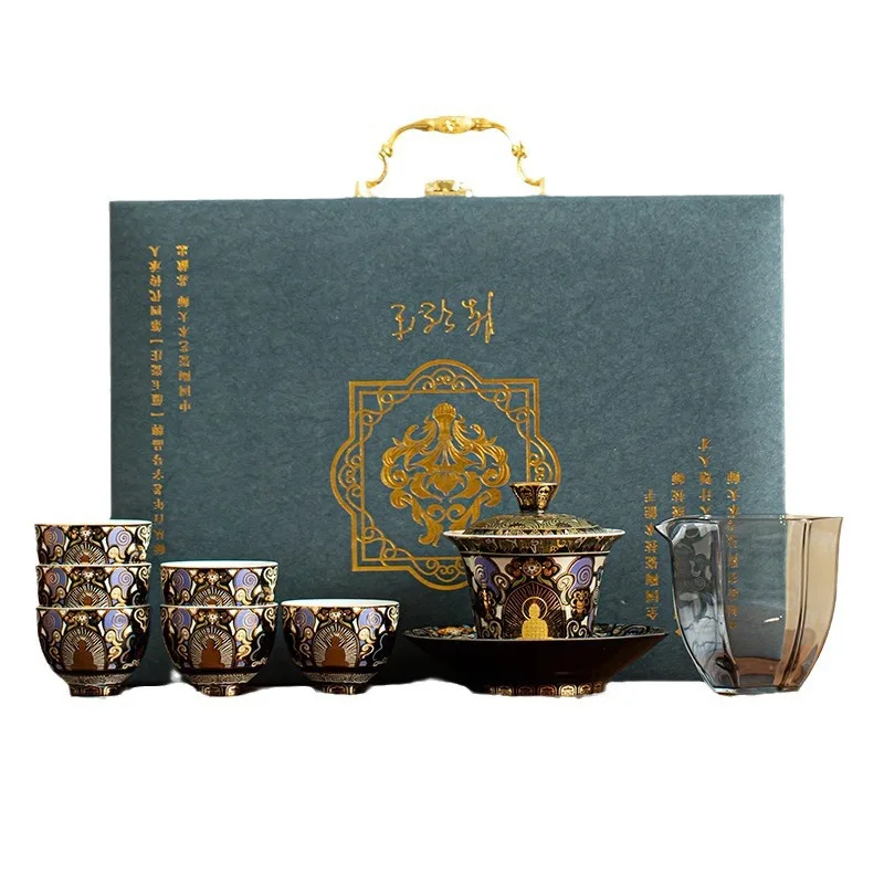 

Керамическая чаша Dunhuang Wind Black Thangka с защитой от ожогов, чайный сервиз кунг-фу, золотой и серебряный неправильный сервиз, подарочная коробка