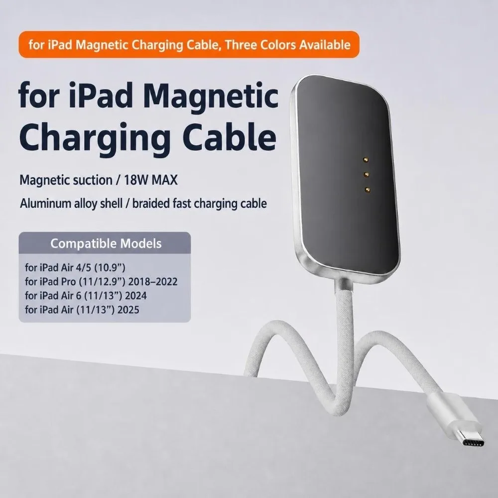 18W Fast Charging Magnetic Charging Cable 3-Pin Magnetic USB-C Charging Cable for iPad Air 4/5/Air 2024 2025/Pro 1-4
