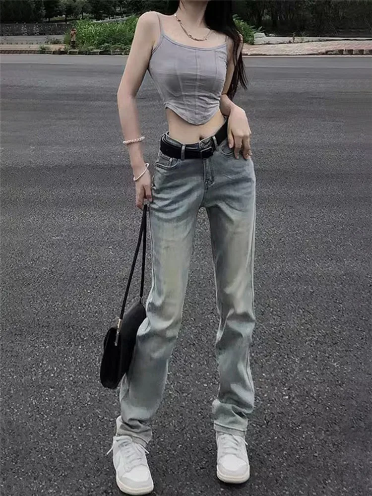 

Американские ретро-джинсы прямого кроя в стиле High Street, желтые, с эффектом потертости, женские, весенне-осенние, утягивающие, удлиненные, модель «дымчатые трубки»