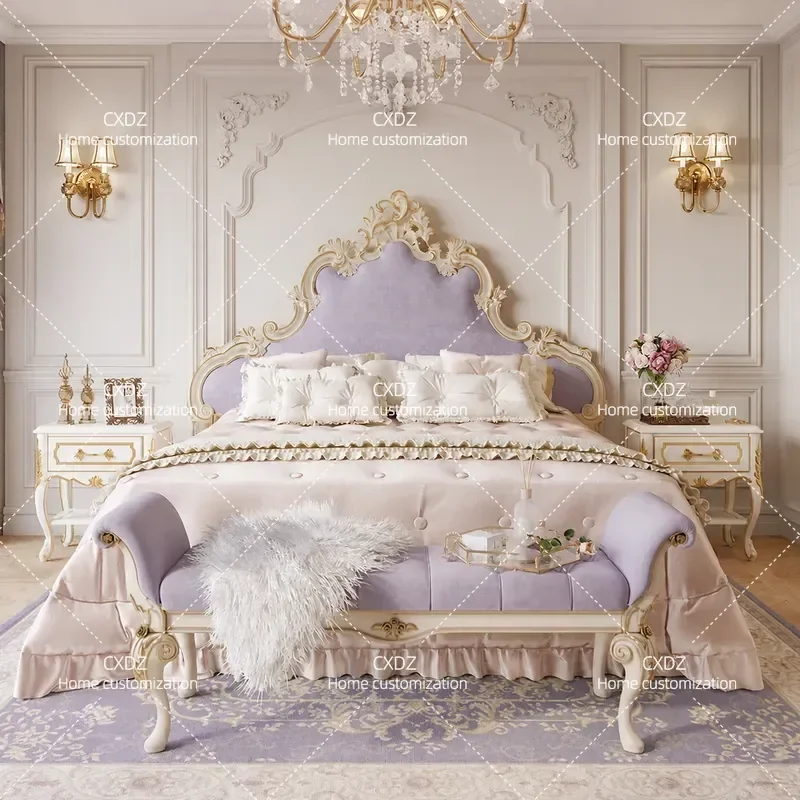 Solid Wood Carved Flower Double Bed Cream White 1.8m 1.5m Princess Style Master Bedroom Large Bed