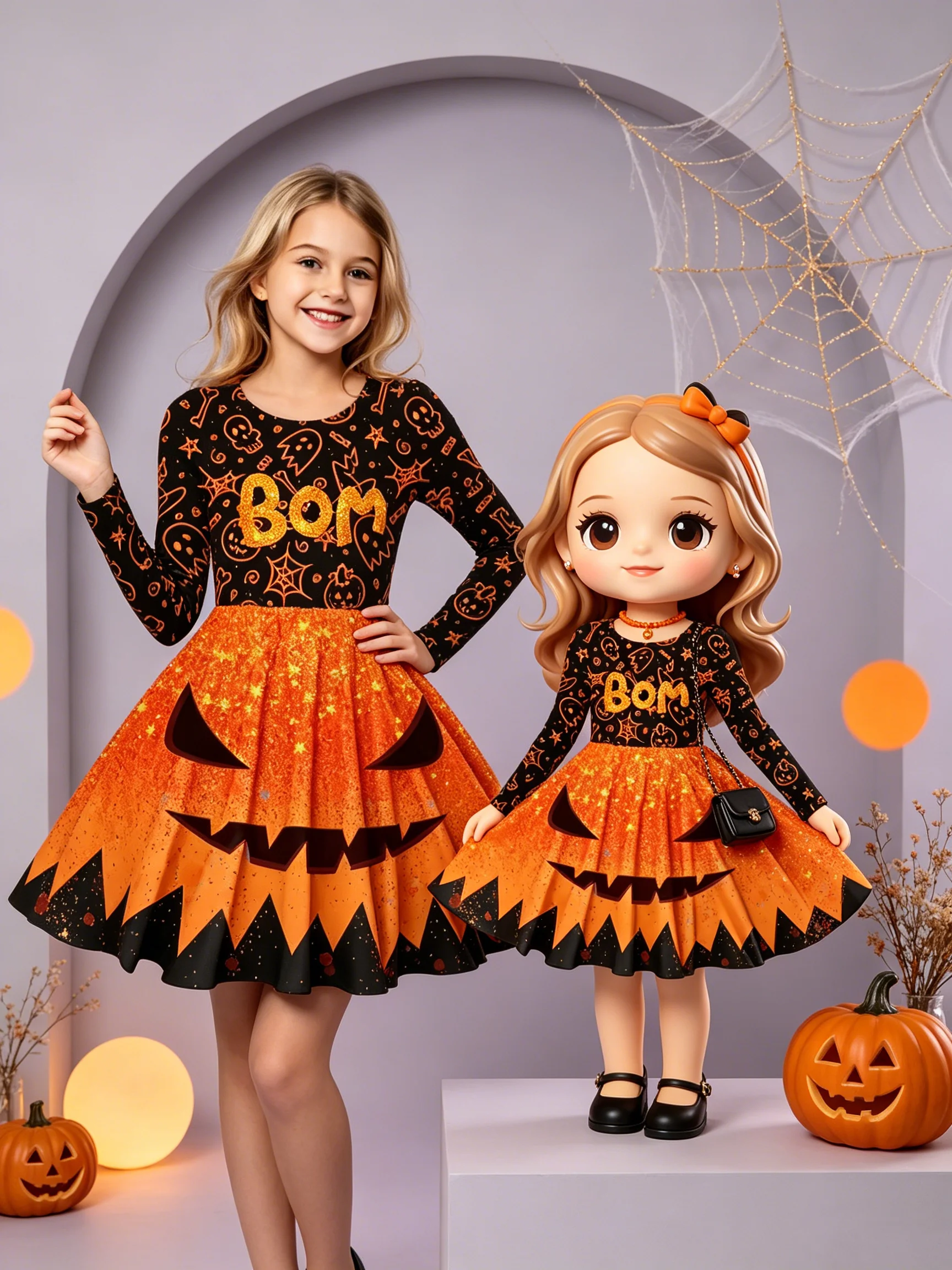 Kids' Halloween Long-Sleeved Dress with Pumpkin Pattern round Neck And Letter Print Mid-Length Skirt for Children's Costume