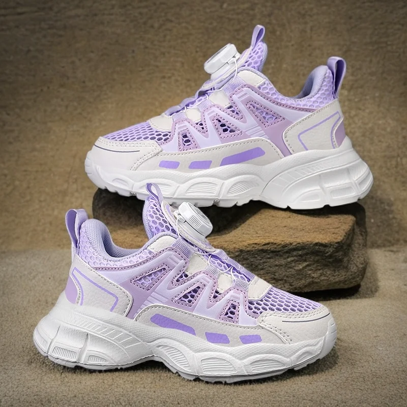 

New mesh breathable dad shoes for girls, soft sole anti slip rotating buckle children's sports shoes trendy
