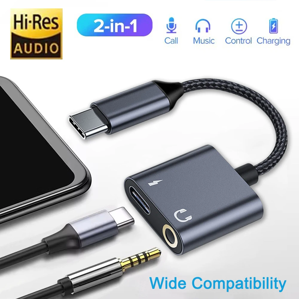 2in1 USB C to 3.5mm/Type C Aux Audio Adapter Type C 3.5mm AUX Earphone Converter DAC Chip PD QC Charging  For Huawei iPad