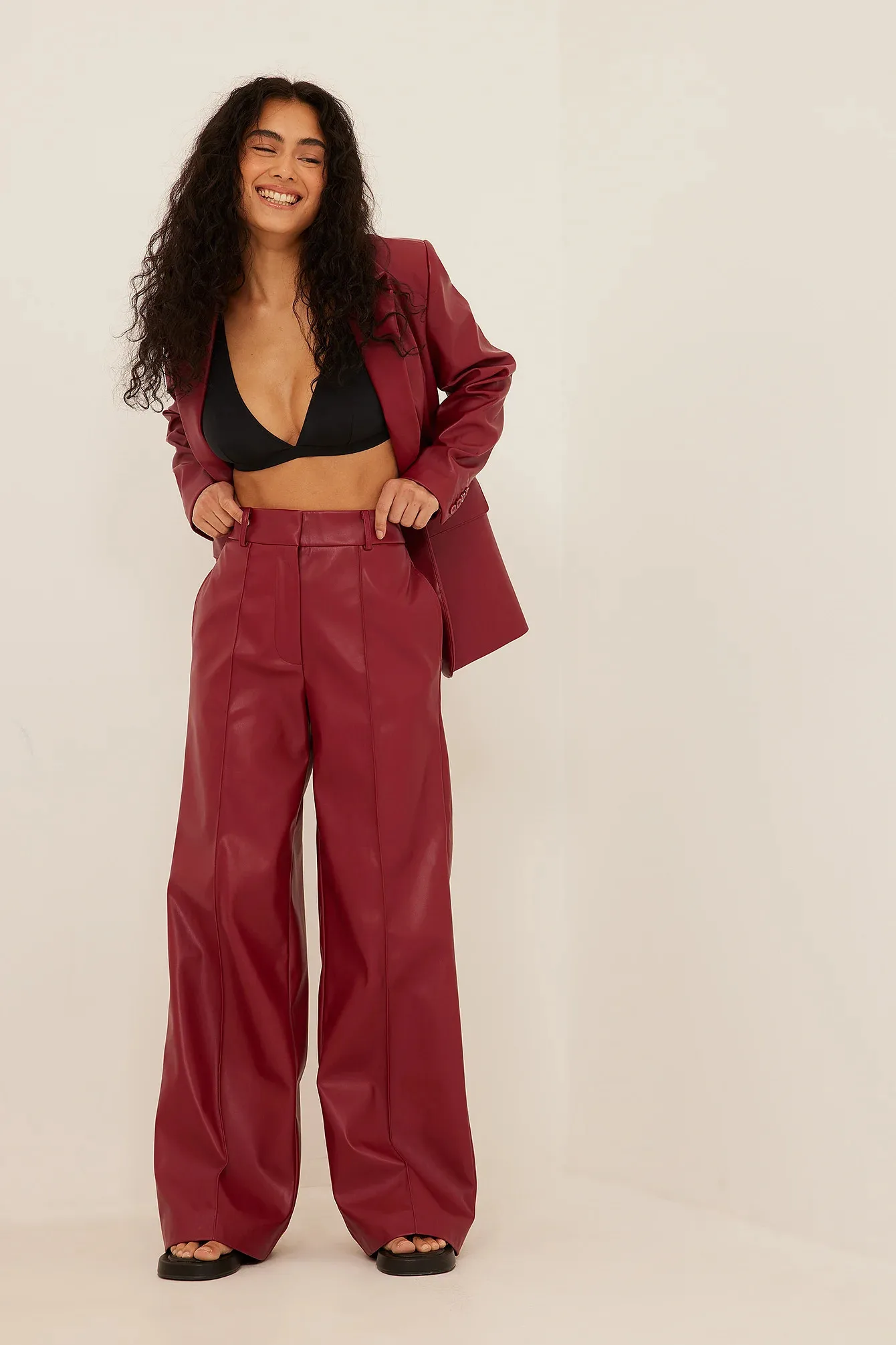 Dark Red Women Leather Suits Custom Made Sexy Notched Lapel Loose Blazer Outdoor Casual Daily Streetwear Coat 2 Pieces Set