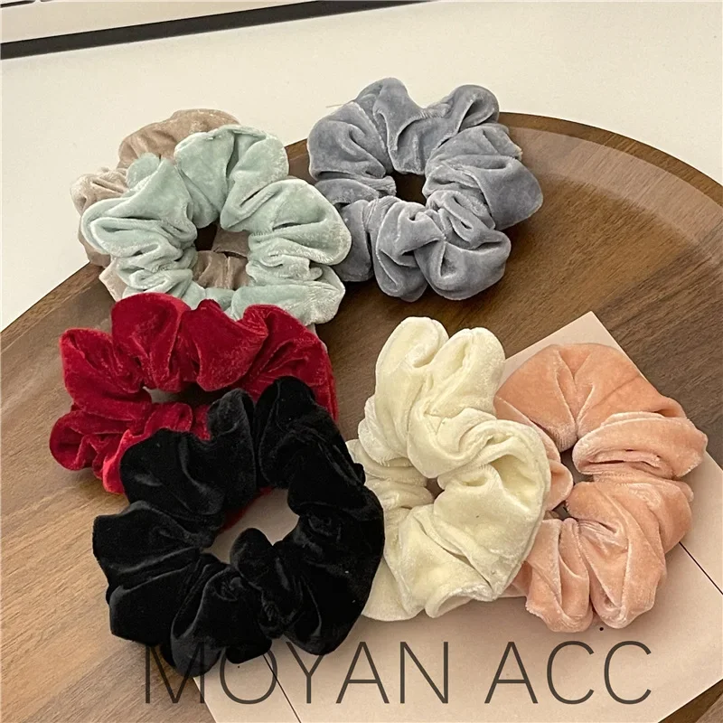 Korean velvet pig colon scrunchie Black leather band wine red velvet hair accessories Cream autumn and winter ruffled headdress