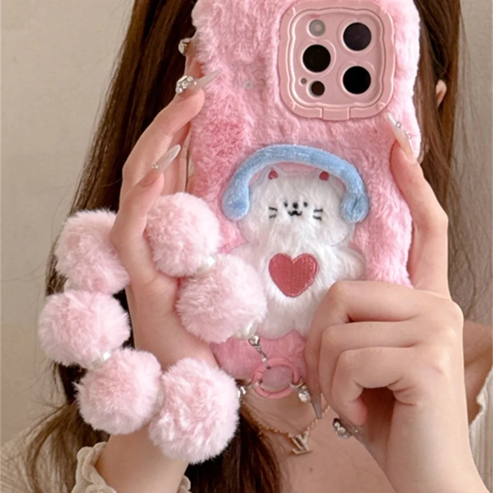 Plush Embroidered Cartoon Earphone Kitty Phone Case Plus Hole Lens Holder Protection Cover For iphone 16 15 14 13 Pro Max