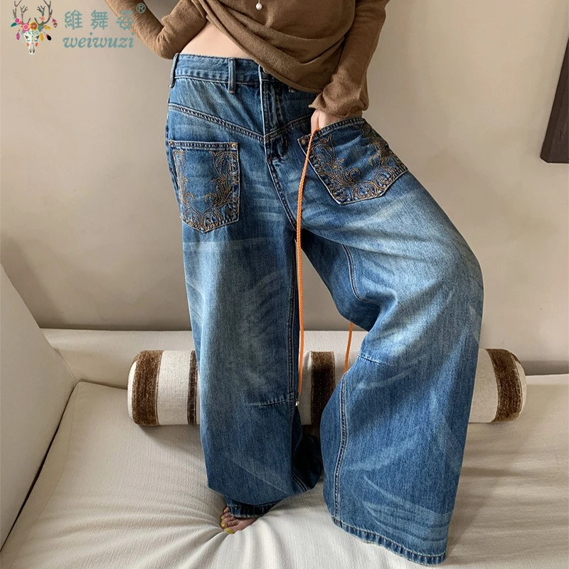 

Women's Jeans Fashion Icon Straight Wide Leg Denim Pants Chic Pattern Embroidery High Waist Pants Vintage Streetwear All Season