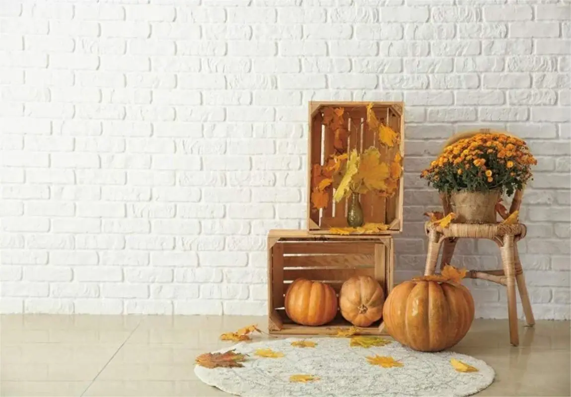 Thanksgiving Day Background for White Brick Wall Yellow Daisy Pumpkins Backdrops for Photography Harvest Decorations Banner Prop