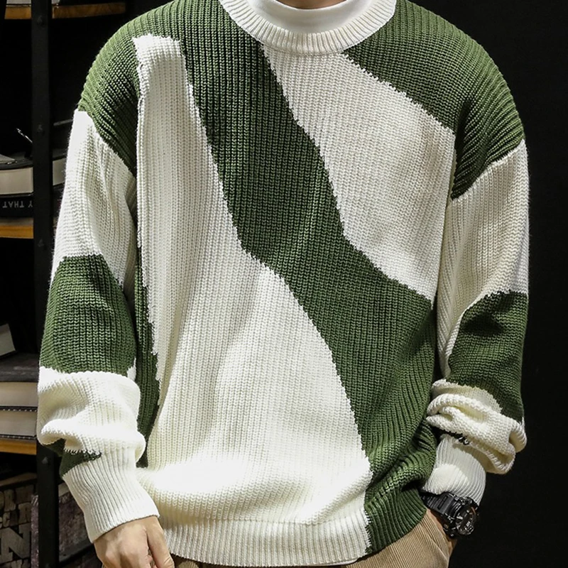 

Autumn Winter Men's Color Block Sweater Knitwear Pullover Japanese Retro Stripe Round Neck Patchwork Jacquard Sweater Streetwear