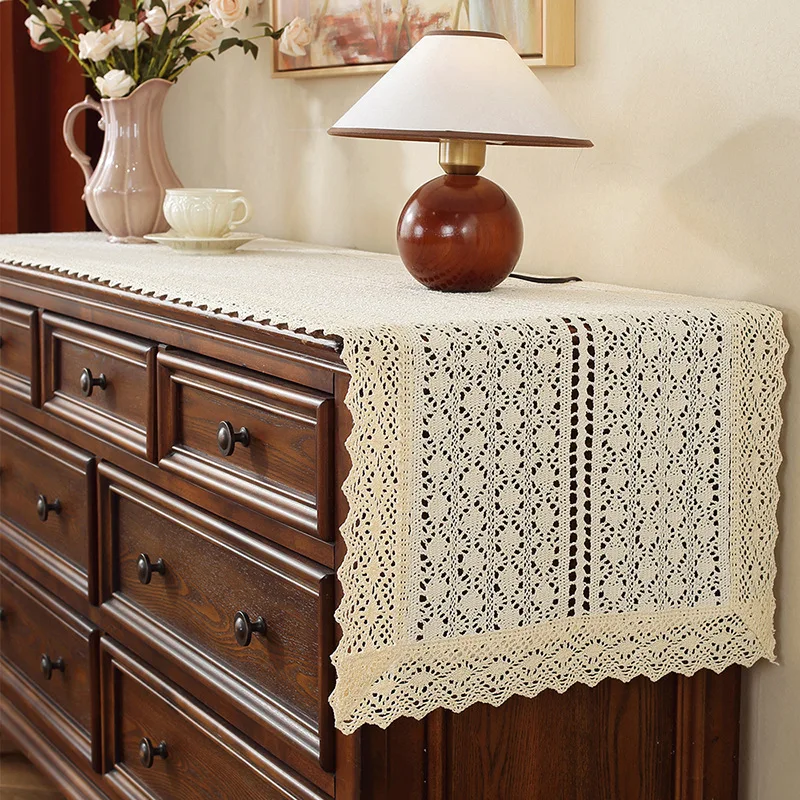 Pastoral Sideboard Hollow Table Runner Literary Beige Crocheted Lace Tv Cabinet Cover Towel Cozy Soft Home Textile Accessories