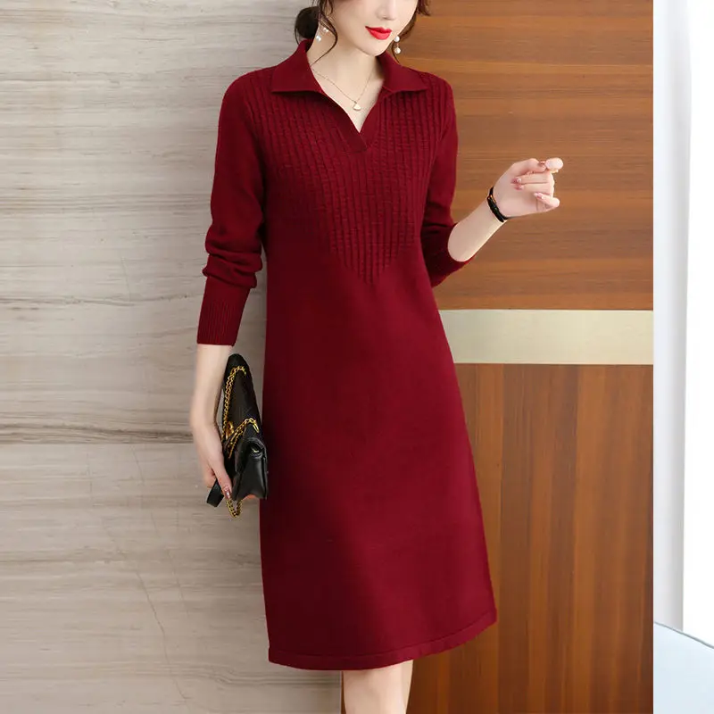 Elegant Lapel Loose Solid Color Knitted Ladies Dresses Women\'s Clothing 2023 Autumn Winter Oversized Office Lady Midi Dress