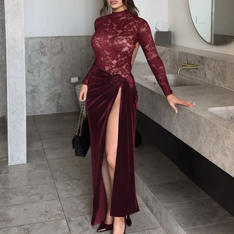 

Talenza Lace Maxi Skirt Suit Women's Sexy Mesh See-through Long Sleeve Jumpsuit Slim Lace Up Floral Skirt Suit Female Skirt Suit