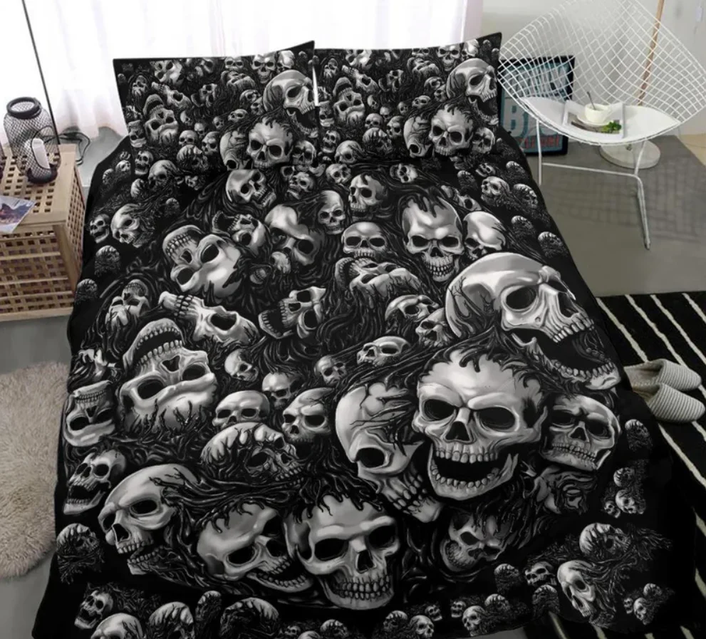 Silver Skull Pile 3 Piece Duvet Set-Skull Pile Duvet-Skull Bedding-Skull Bed Cover-Skull Bed Set