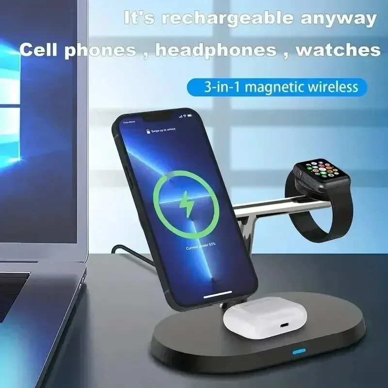 3 In 1 Magnetic Wireless Charger Stand For Magsafe iPhone 16 15 14 13 12 Pro Max Apple Watch 1-9 AirPods Fast Charging Station image 3