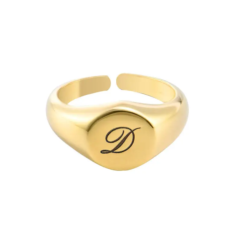 Personalized Jewelry Gold round Signet Ring, Engraved Initial Name Pinky Ring Women for Gift