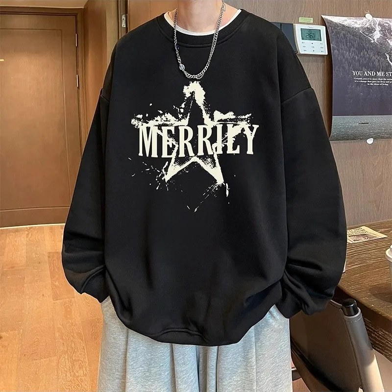 2025 novos moletons casuais masculinos estilo coreano na moda impresso solto topos de manga comprida em torno do pescoço camiseta S-3XL preto cinza