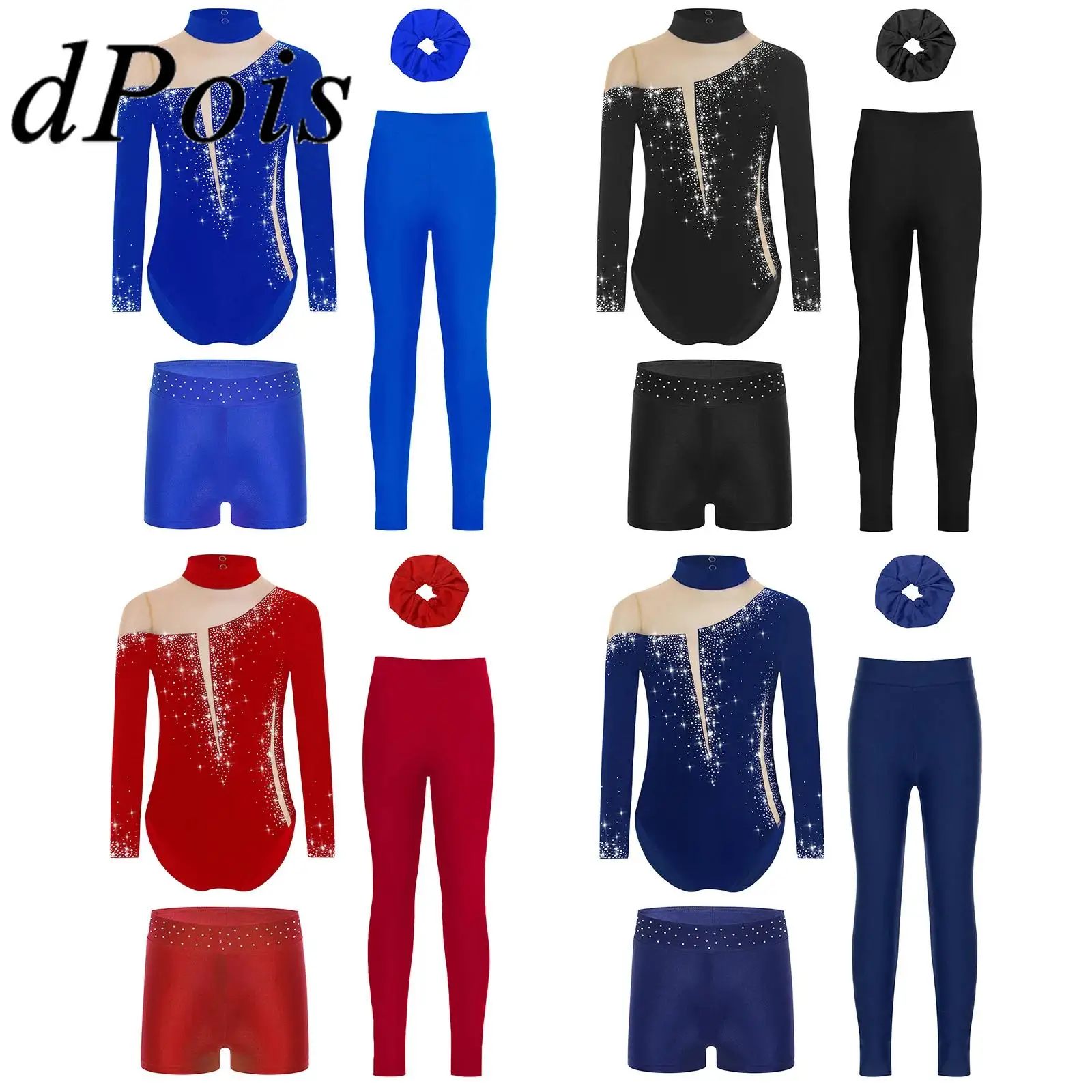 

Children's Rhinestones Leotard with Shorts Skating Leggings Ballet Dance Romper Outfits Girls Rhythmic Gymnastics Bodysuit