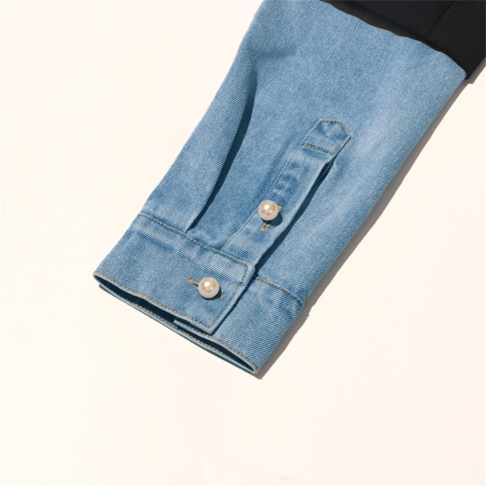 Patchwork Denim Colbert Voor Dames, Lente Zomer Modieuze Blazer, Dames Jasje Met Enkele Rij Knopen