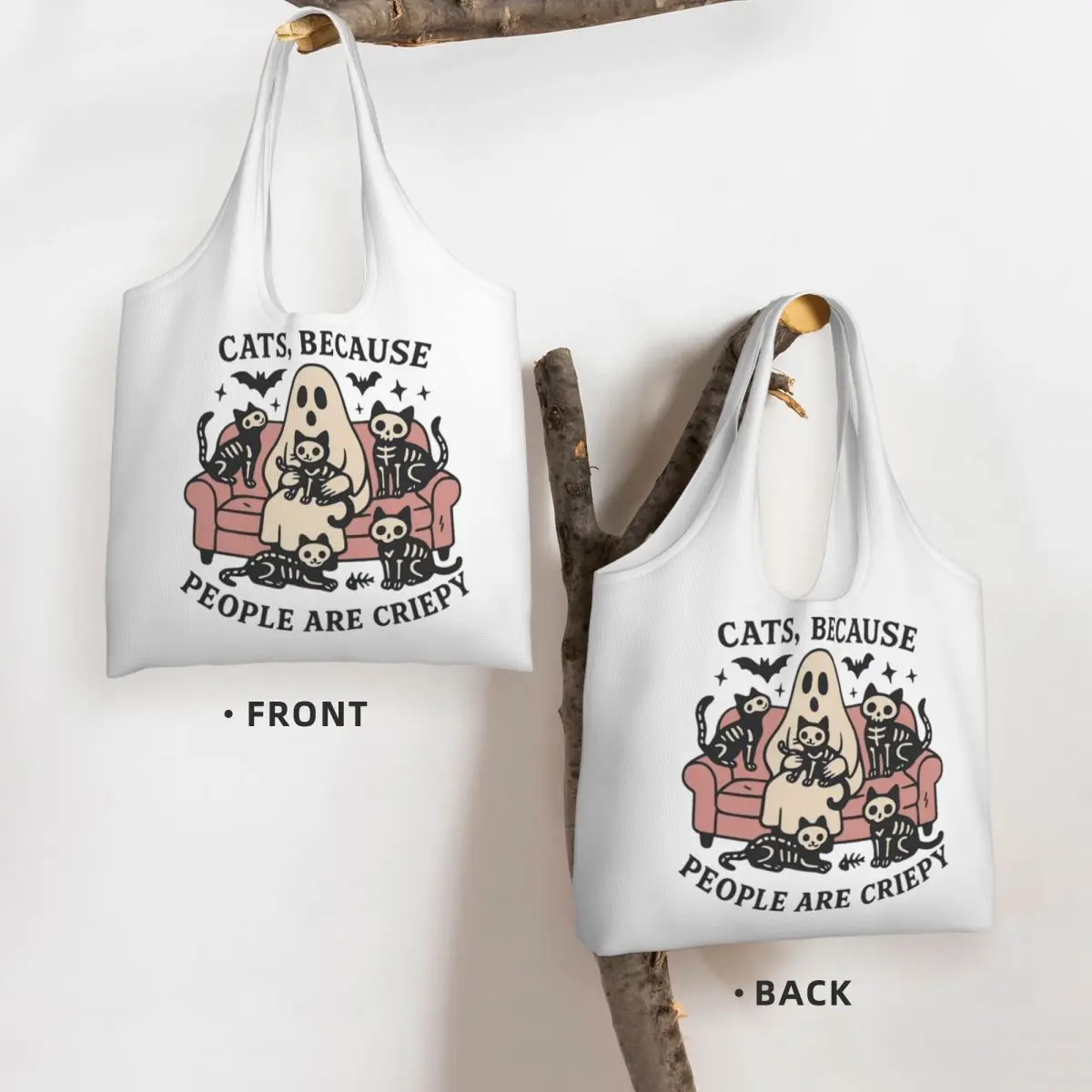 Creepy Cats And Ghostly Tales Funny Halloween Print Cotton Tote Bag - Casual Commuter Shoulder Bag for Grocery Shopping