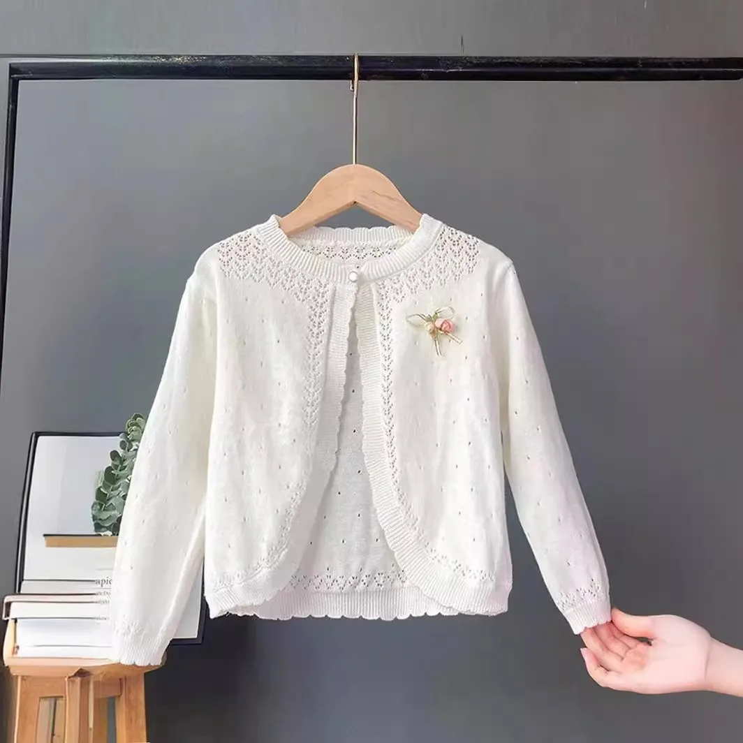 

Girls Spring and Summer Knitted Waistcoat Kidsren's Thin Cut Out Jacket Baby Girl Summer Sun Protection Air-Conditioning Shirt Kidsren's Shawl